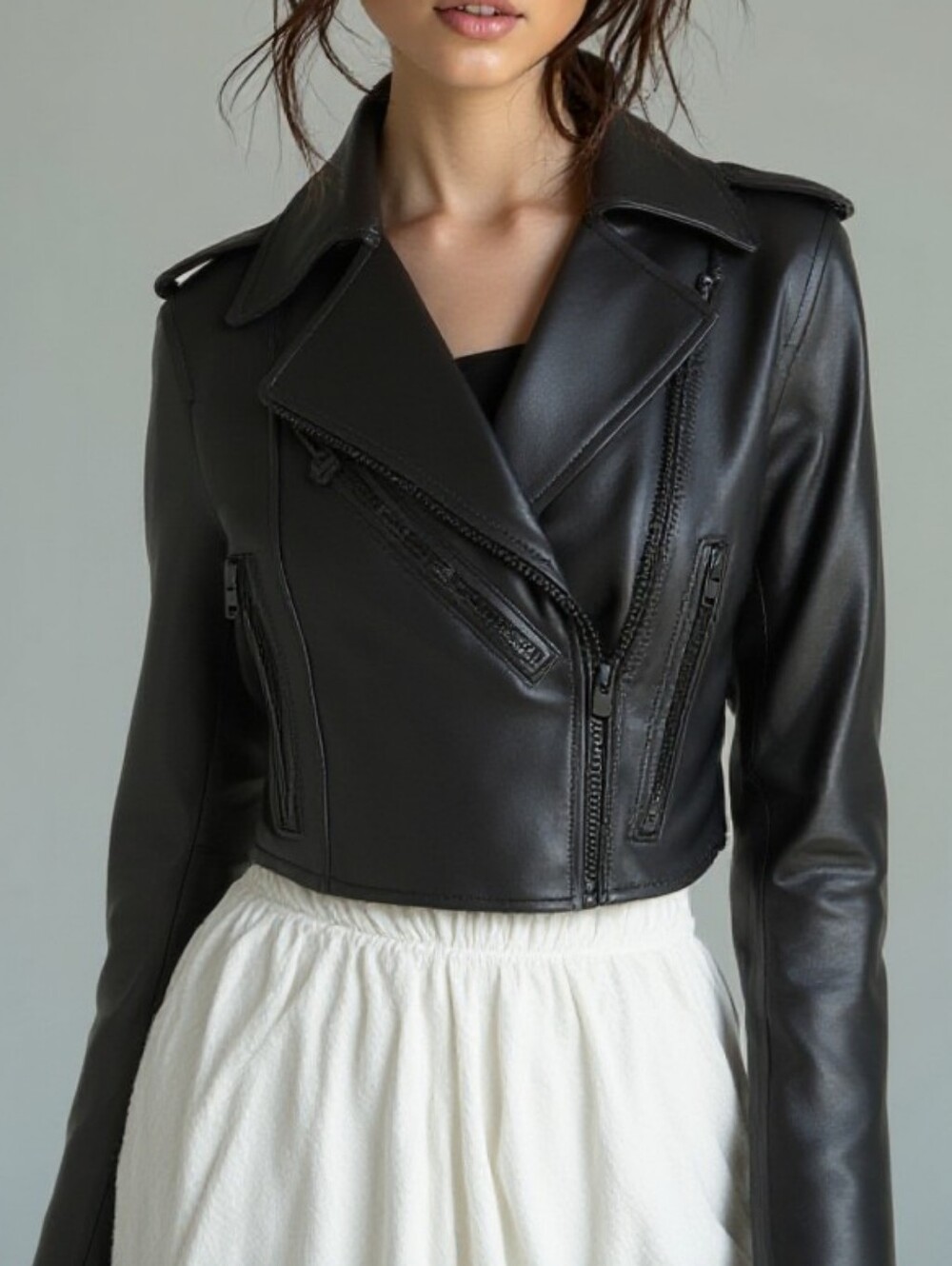 blanc noir Black Real Leather Cropped Moto Jacket